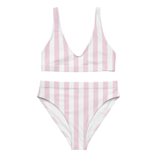 Vibewear 'Sorbet Stripes' high-waisted bikini with its pastel pink and white stripe pattern.
