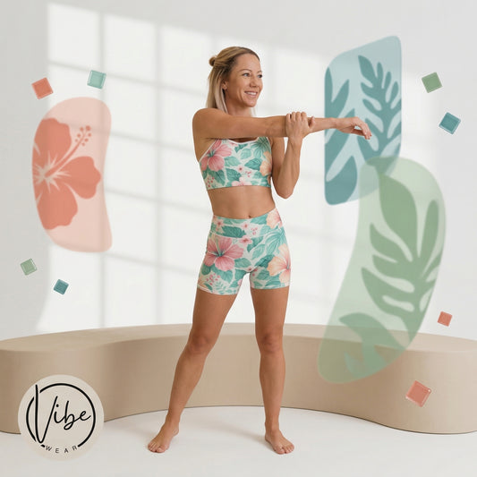 Woman in floral athletic wear stretching in a bright room with decorative elements.