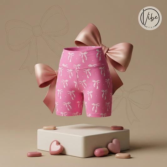 Pink Bow Energy High Waisted Yoga Shorts | Vibewear - VibeWear