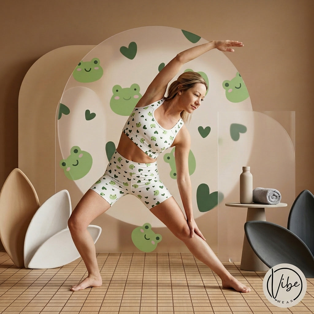 Woman in a green and white patterned outfit stretching in a room with decorative wall and furniture.