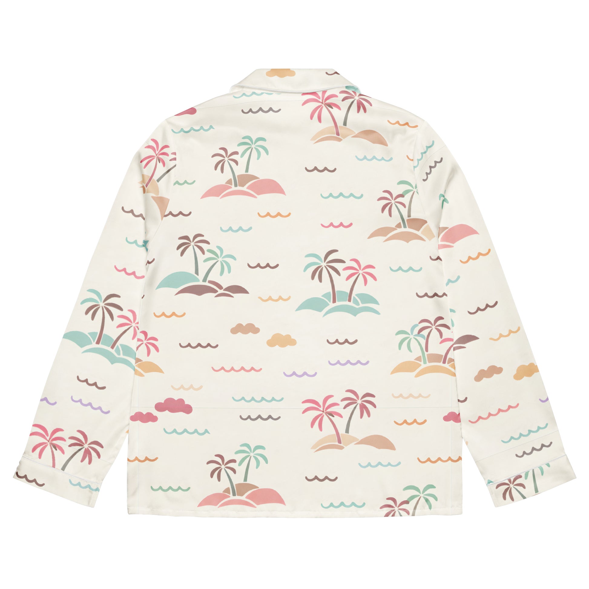 Front_view_Vibewear_Sorbet_Shores_long_sleeve_satin_pajama_top_showing_the_colourful_abstract_pattern_and_black_piping_detail.