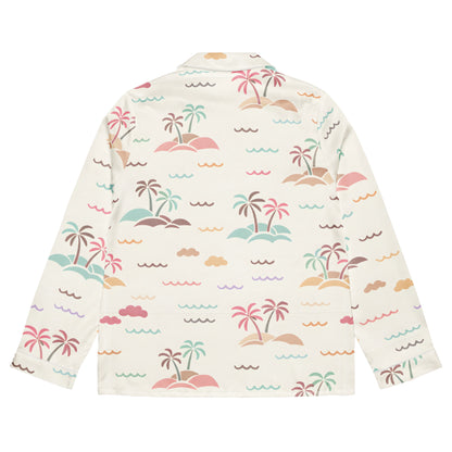 Front_view_Vibewear_Sorbet_Shores_long_sleeve_satin_pajama_top_showing_the_colourful_abstract_pattern_and_black_piping_detail.