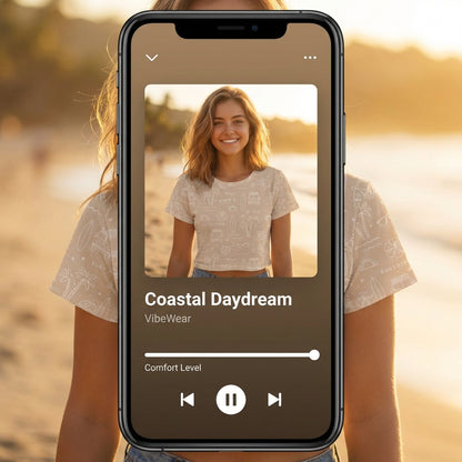 Woman wearing the Vibewear 'Coastal Daydream' relaxed crop tee