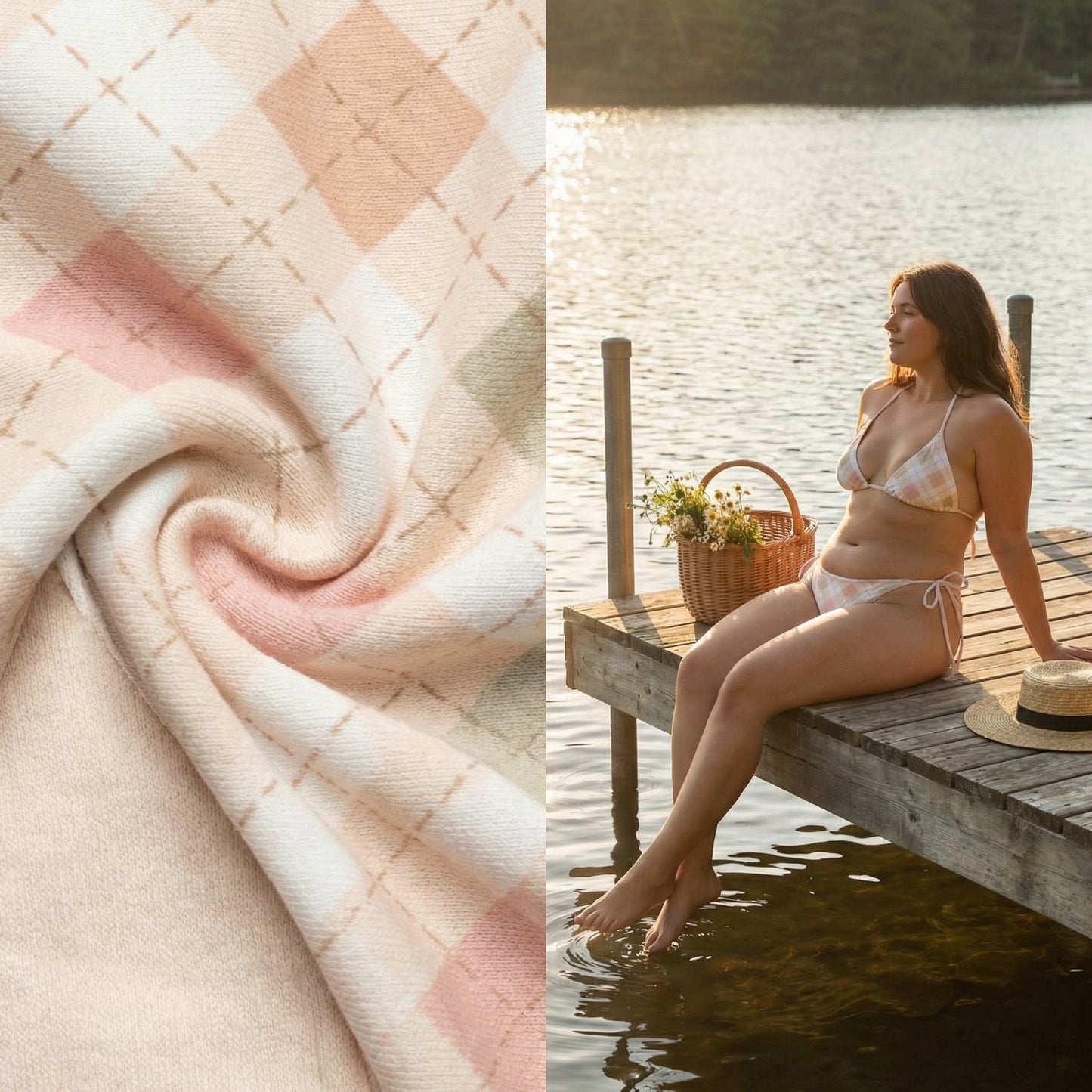 Close-up of quilted fabric and a woman in a bikini sitting on a dock by a lake.