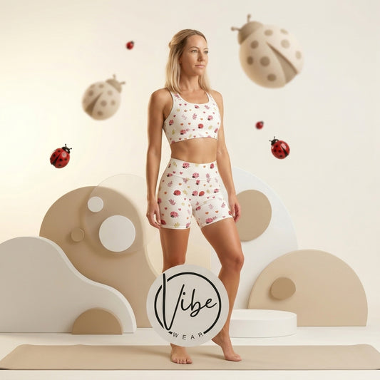 Woman wearing a lsports bra and shorts set with ladybug decorations in the background, holding a 'Vibe Wear' sign.