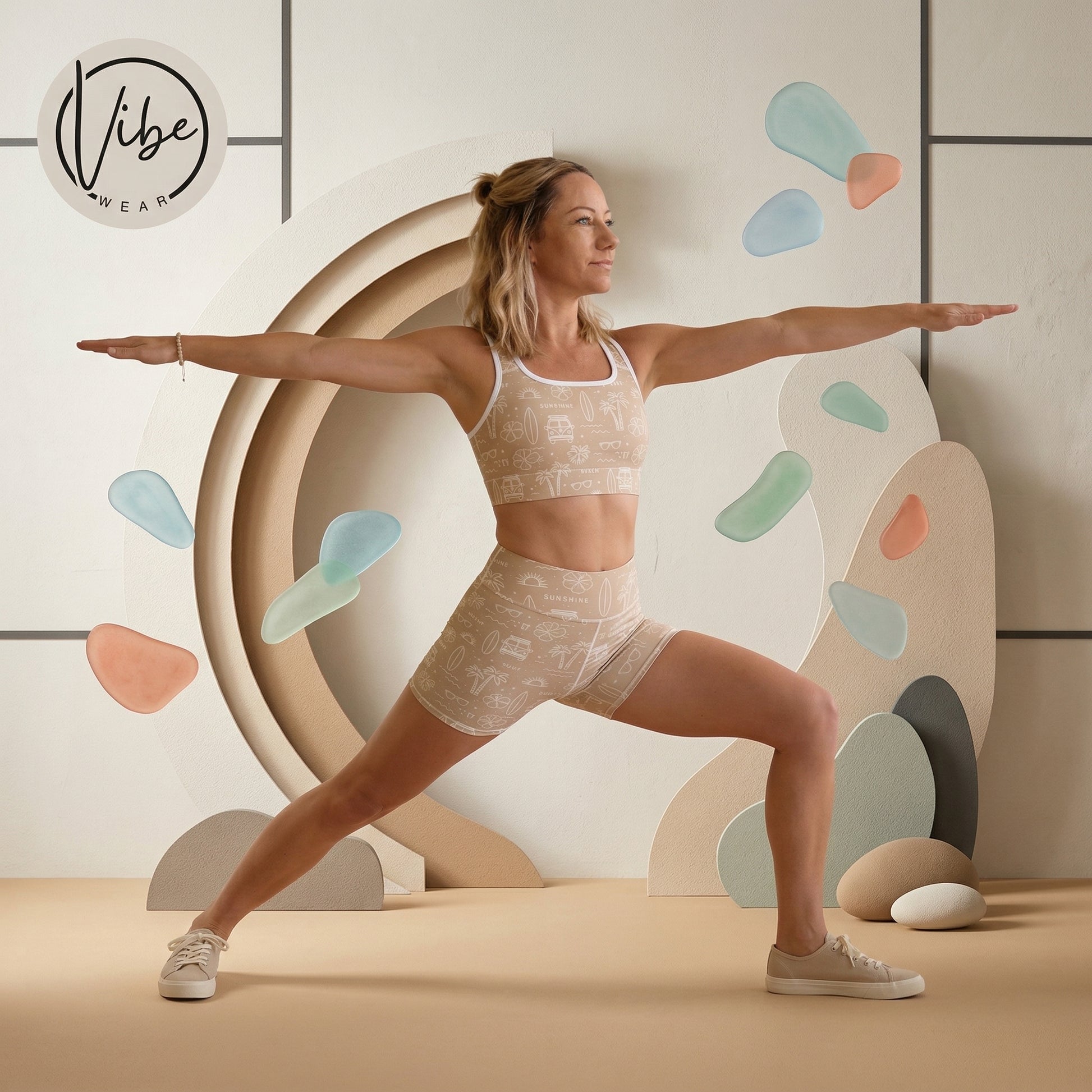 Woman in athletic wear posing in a studio with 'Vibe Wear' branding.
