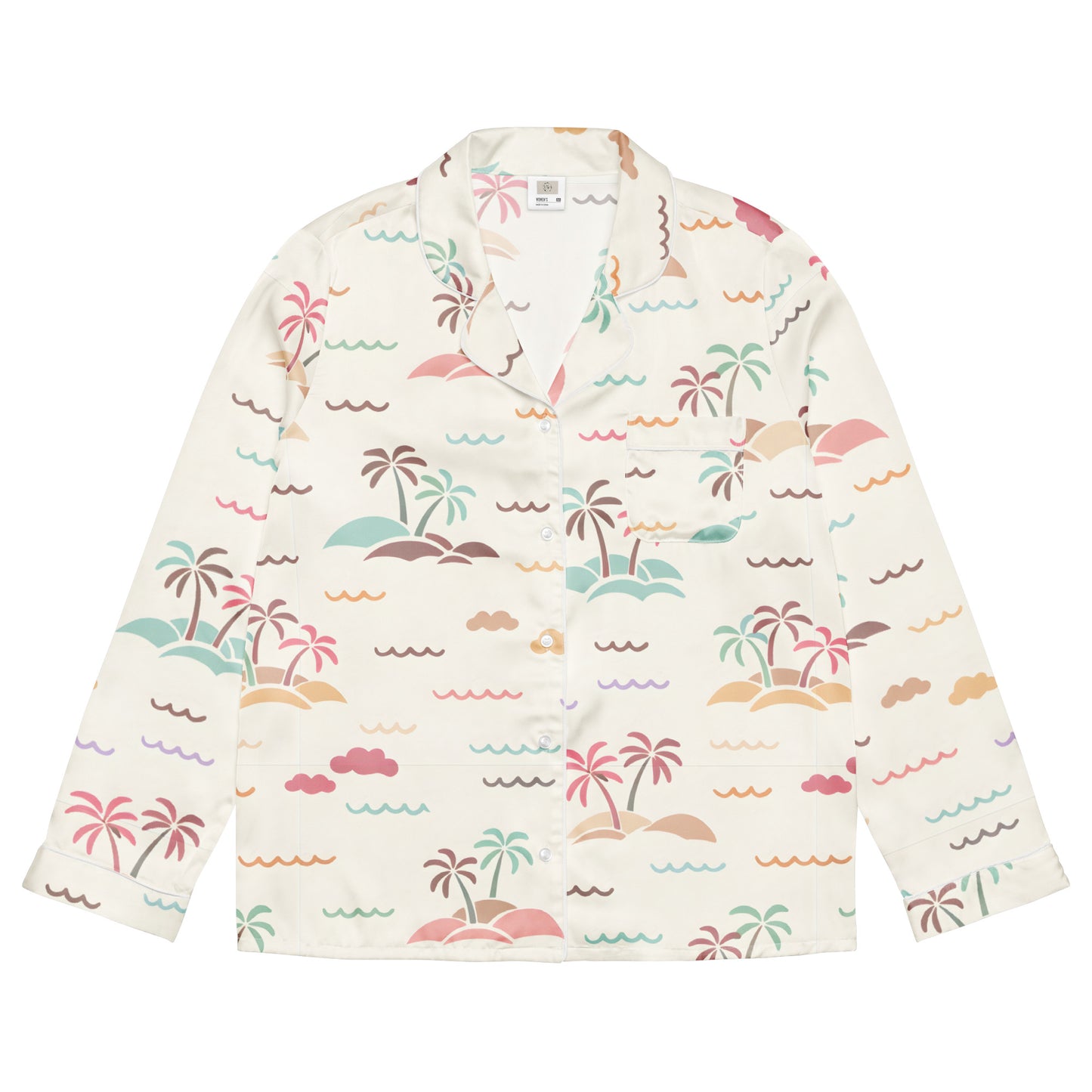 Front_view_Vibewear_Sorbet_Shores_long_sleeve_satin_pajama_top_showing_the_colourful_abstract_pattern_and_black_piping_detail.