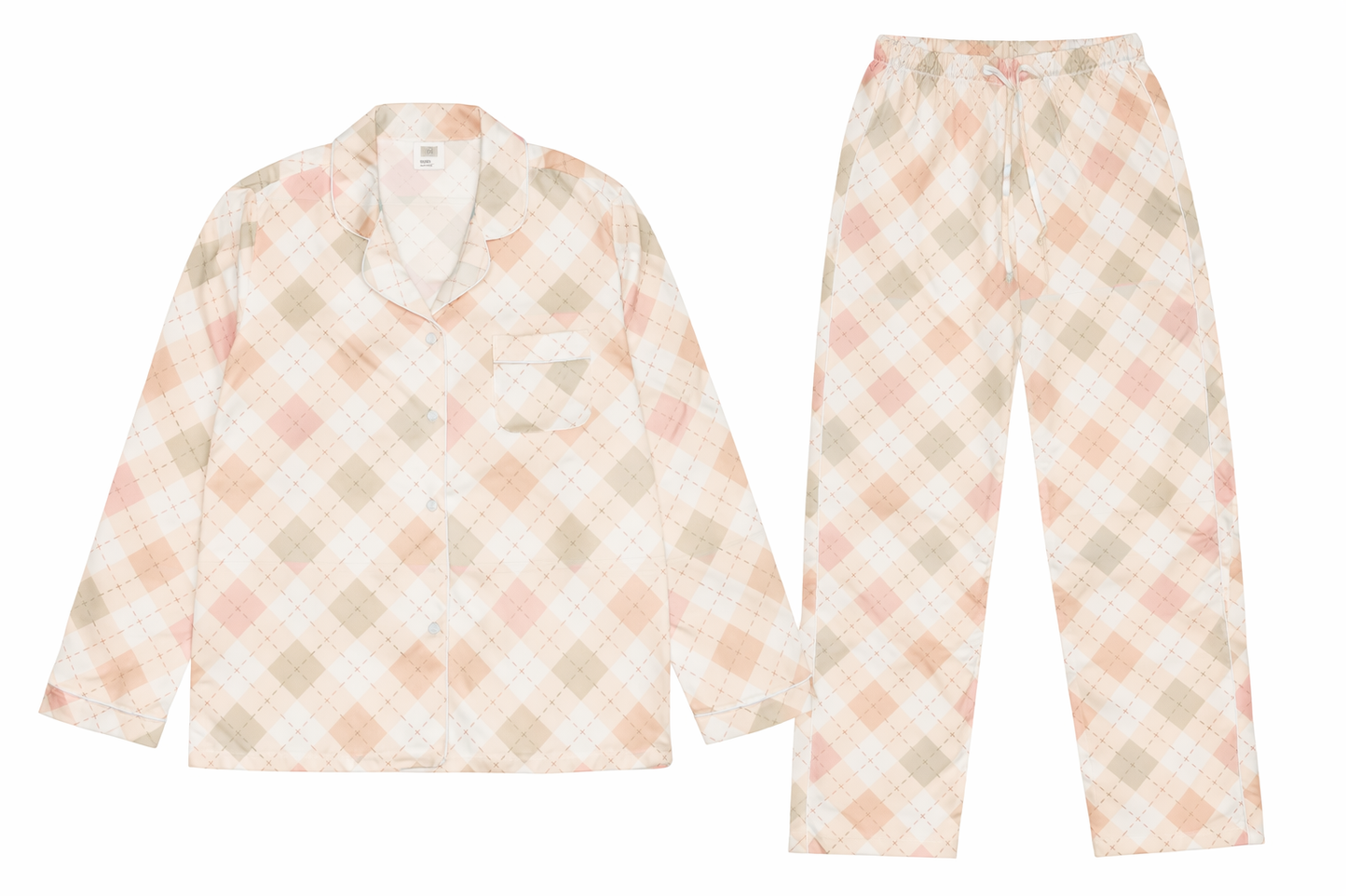 Woman wearing the 'Blush Cottage Argyle' long sleeve satin pajama top and matching pants, showing the pink argyle pattern and classic button-front style.