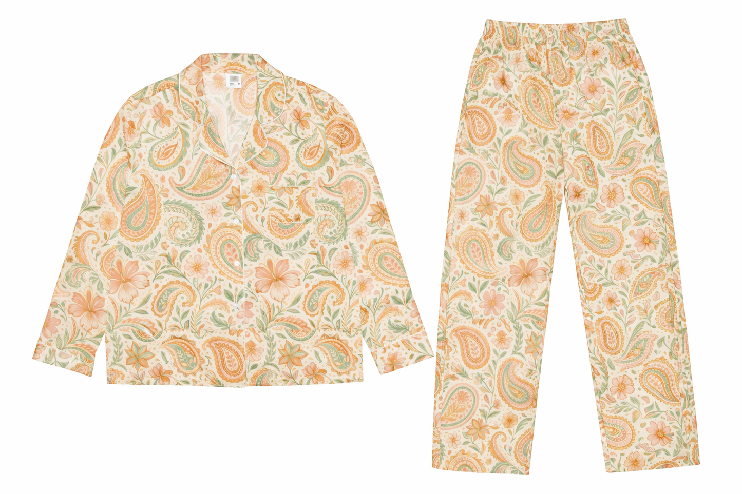 Vibewear 'Vintage Palm' long sleeve satin pajama top and matching pants, showing the green tropical palm leaf pattern and classic button-front style.