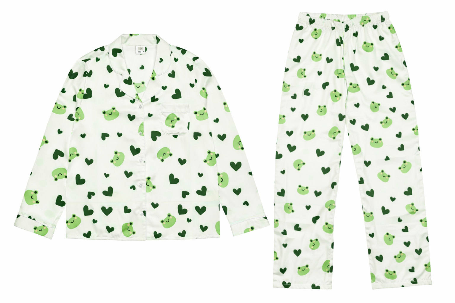 Vibewear 'Lily Love' satin pajama pants and top highlighting the cute green frog and heart pattern.