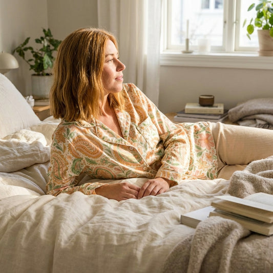 Woman wearing the Vibewear 'Vintage Palm' long sleeve satin pajama top, showing the green tropical palm leaf pattern and classic button-front style.