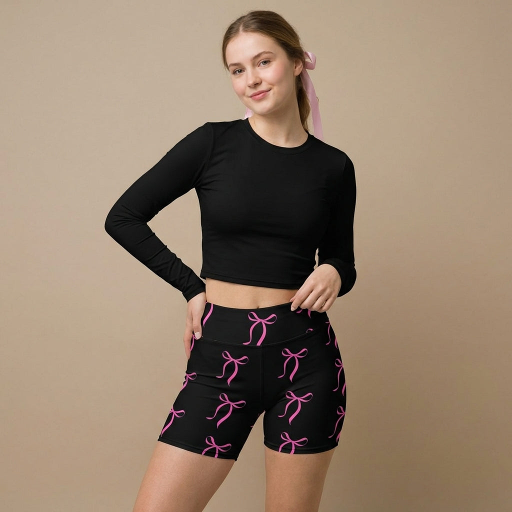 Pink Bow Bliss Yoga Shorts on Black | Vibewear - VibeWear