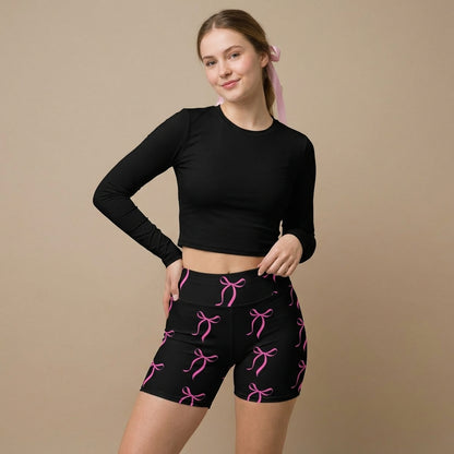 Pink Bow Bliss Yoga Shorts on Black | Vibewear - VibeWear