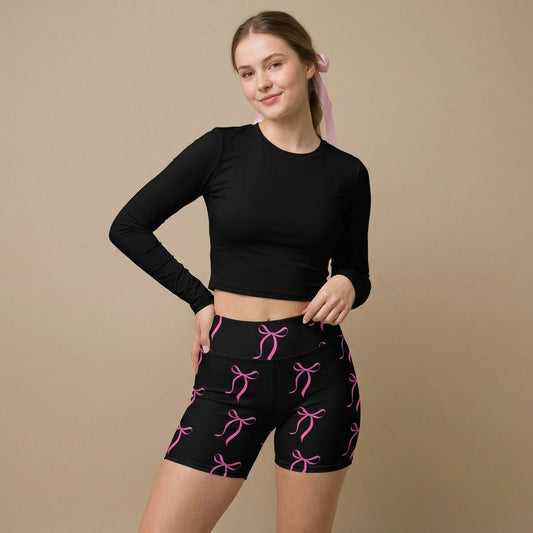 Pink Bow Bliss Yoga Shorts on Black | Vibewear - VibeWear