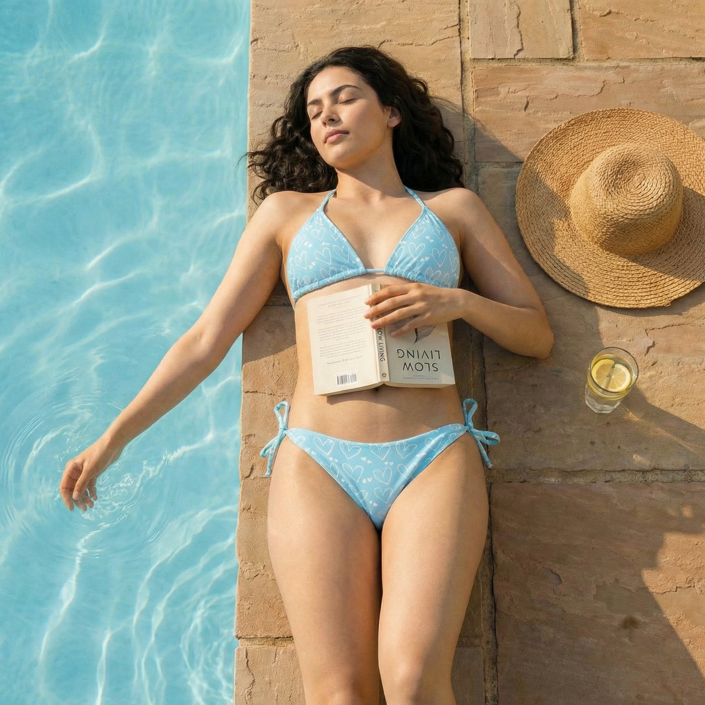 Woman in a blue bikini reading a book by a poolside with a straw hat and glass of lemonade.