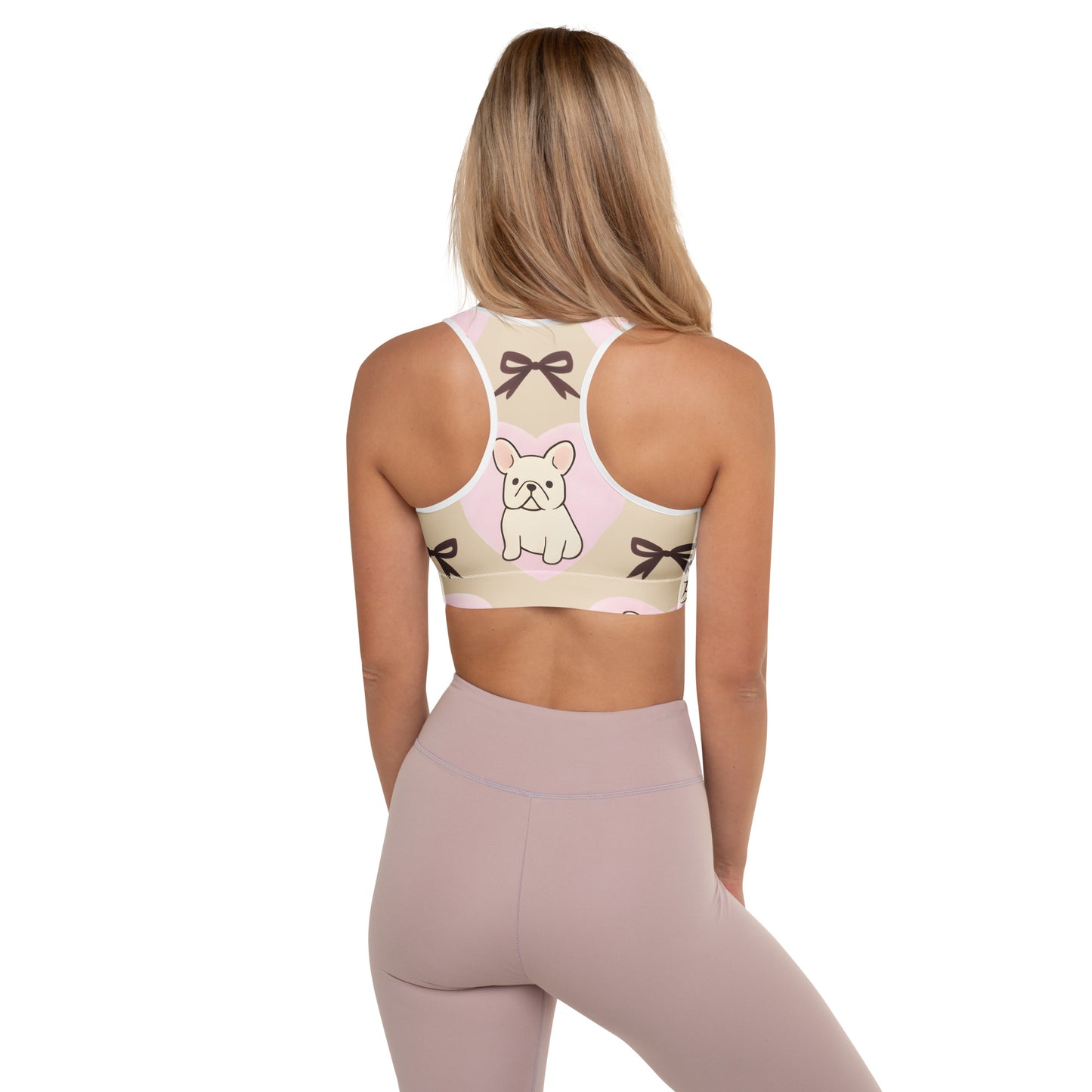 Back view of model wearing Frenchie Love padded sports bra with racerback design
