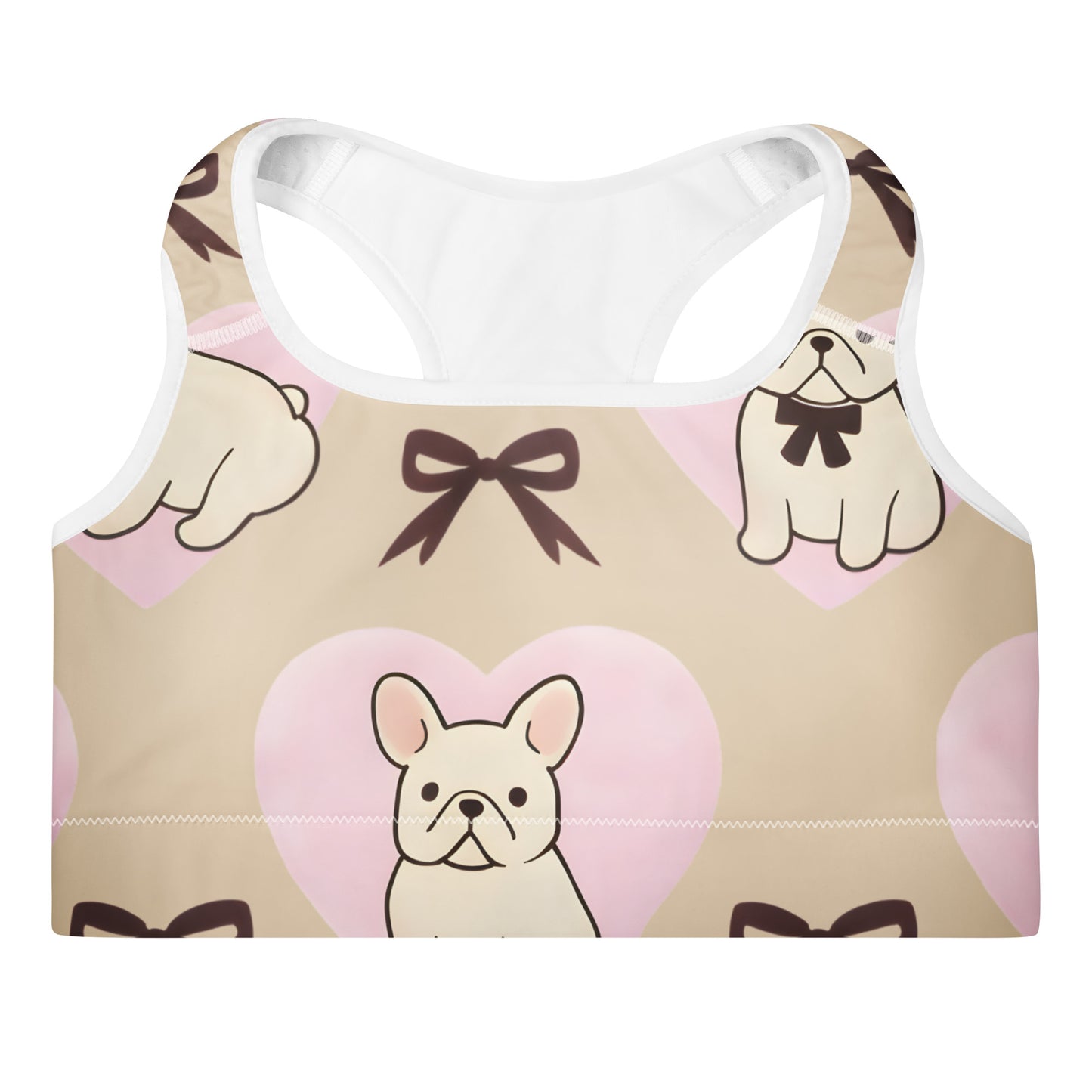 Close up of Frenchie Love padded sports bra fabric showing French bulldog and bow print