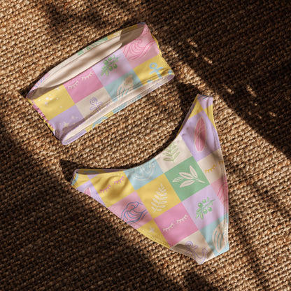 Eco friendly bandeau bikini in pastel patchwork design photographed in natural light