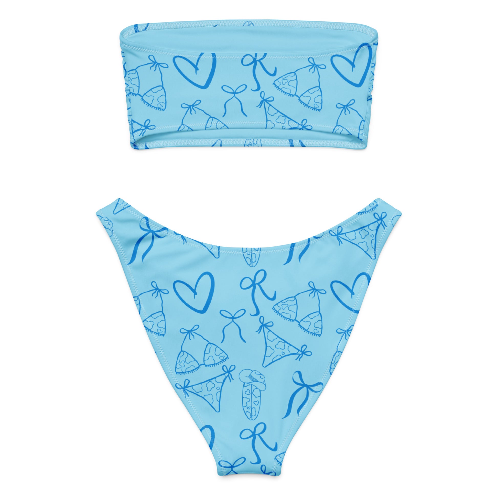 Woman wearing the Vibewear 'Blue Crush' bandeau bikini set, which features a vibrant blue abstract pattern, a strapless top, and flattering high-leg bottoms.