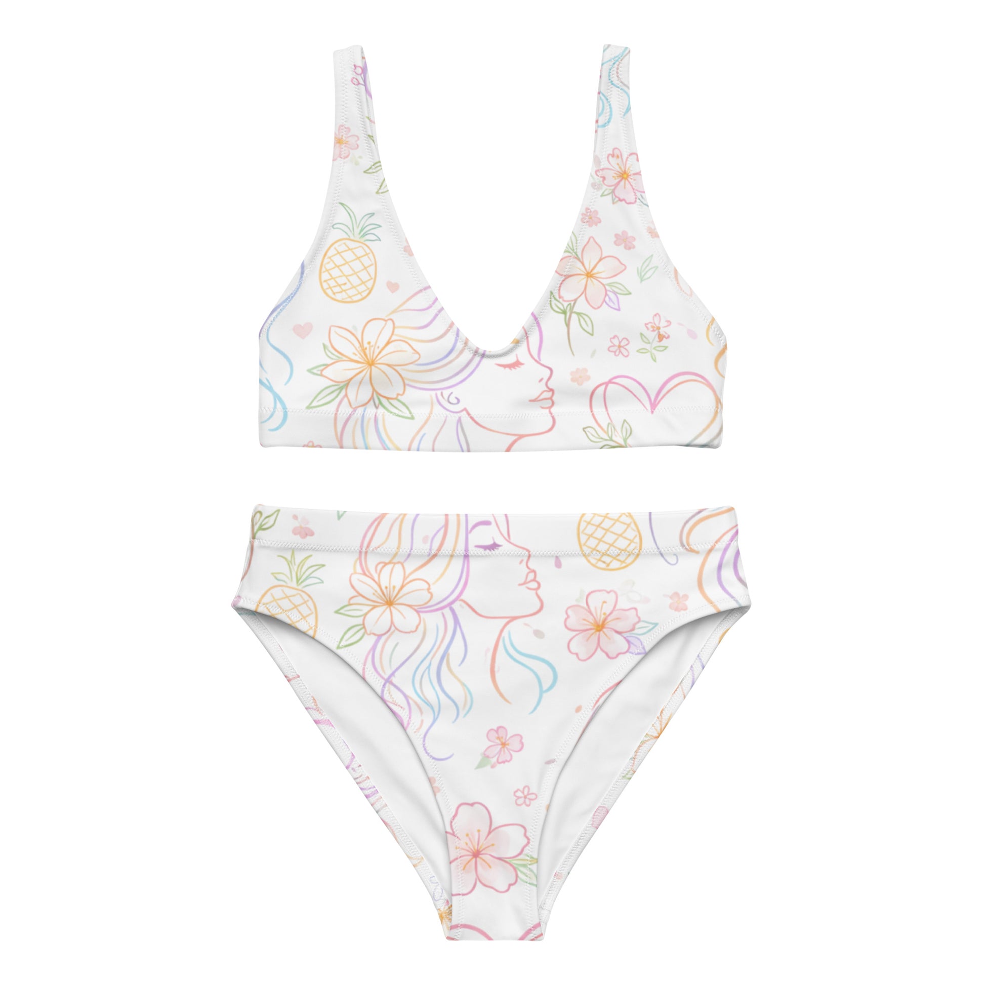 VibeWear Eco friendly high waisted bikini featuring floral and pineapple pattern