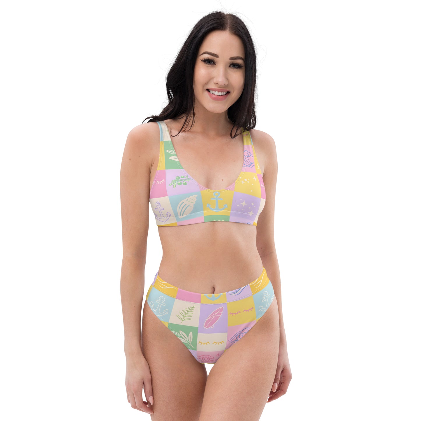 Model wearing Pastel Patchwork Sunshine recycled high waisted bikini front view