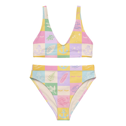 Pastel Patchwork Sunshine recycled high waisted bikini showing full patchwork design