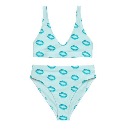 Ocean Kiss recycled high waisted bikini showing full blue kiss print design