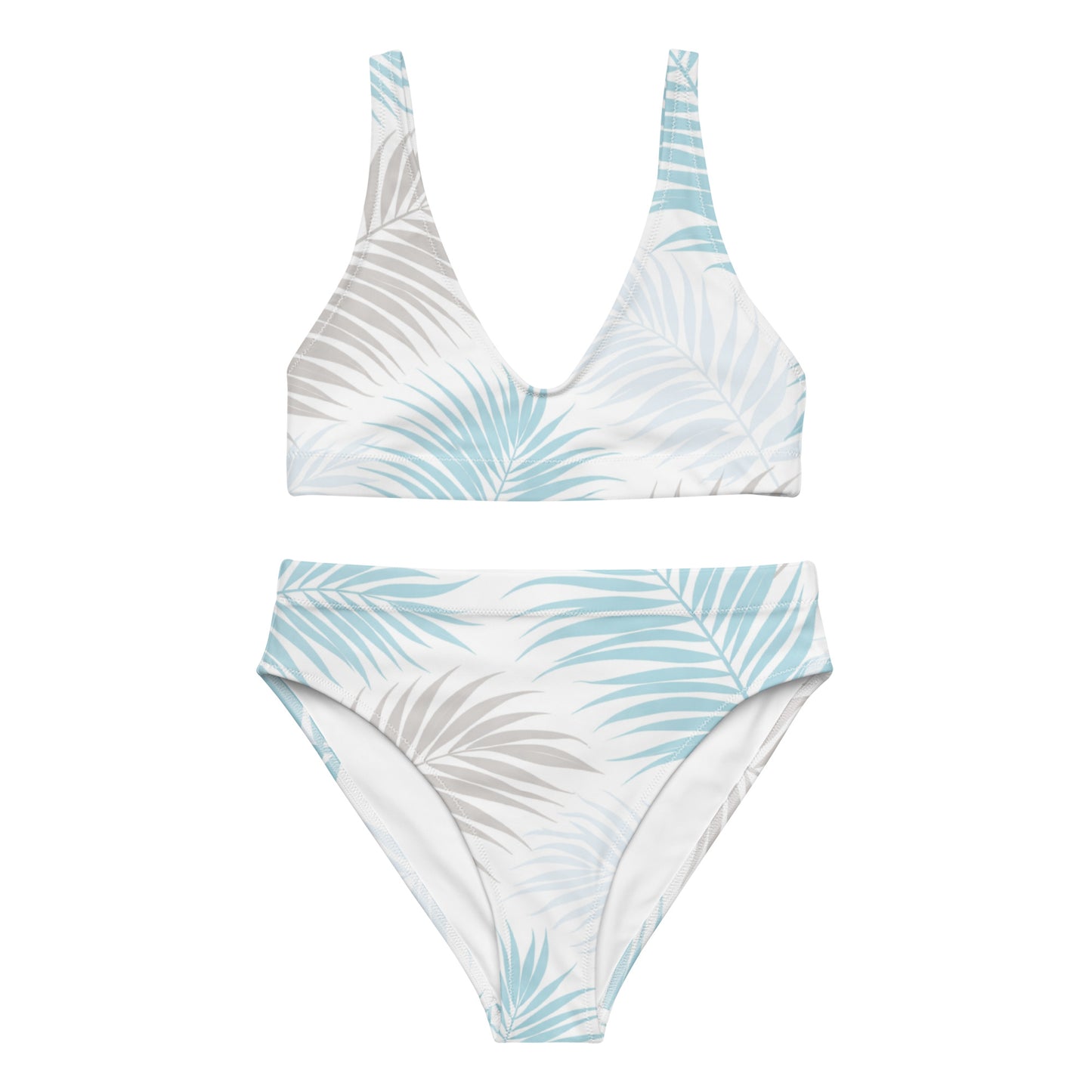 Palm Breeze recycled high waisted bikini showing full palm print design