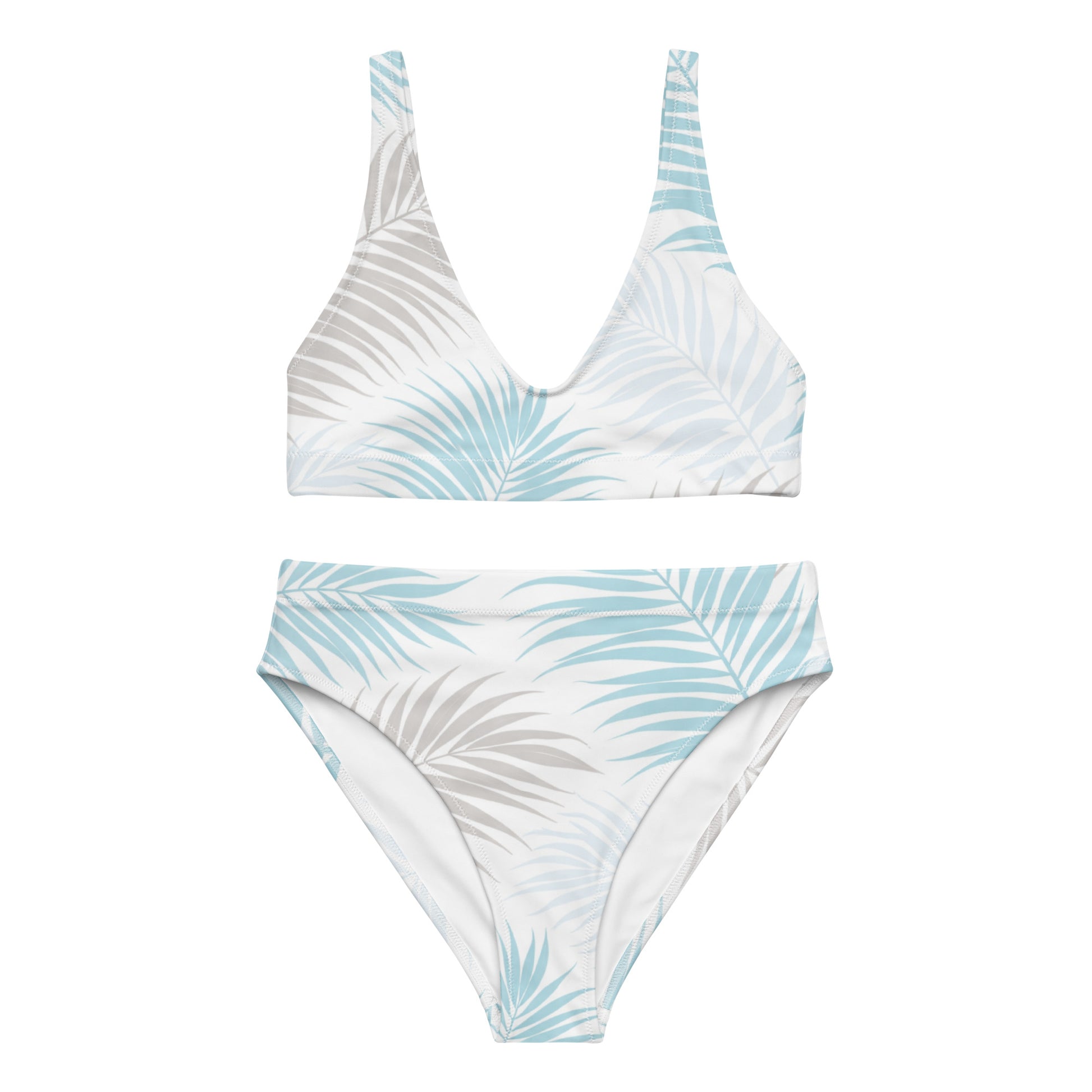 Palm Breeze recycled high waisted bikini showing full palm print design