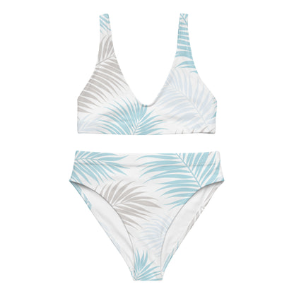 Palm Breeze recycled high waisted bikini showing full palm print design