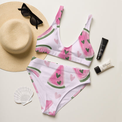 Sweet Melon Moments recycled high waisted bikini laid flat with summer accessories