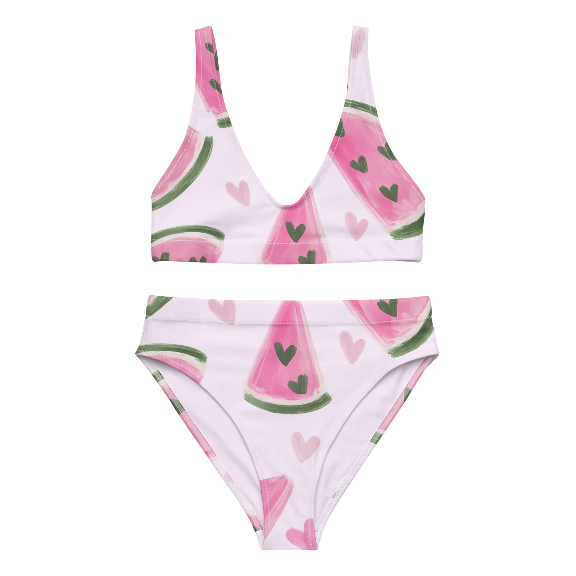 Sweet Melon Moments recycled high waisted bikini showing watermelon pattern design