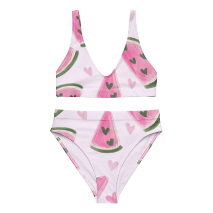 Sweet Melon Moments recycled high waisted bikini showing watermelon pattern design