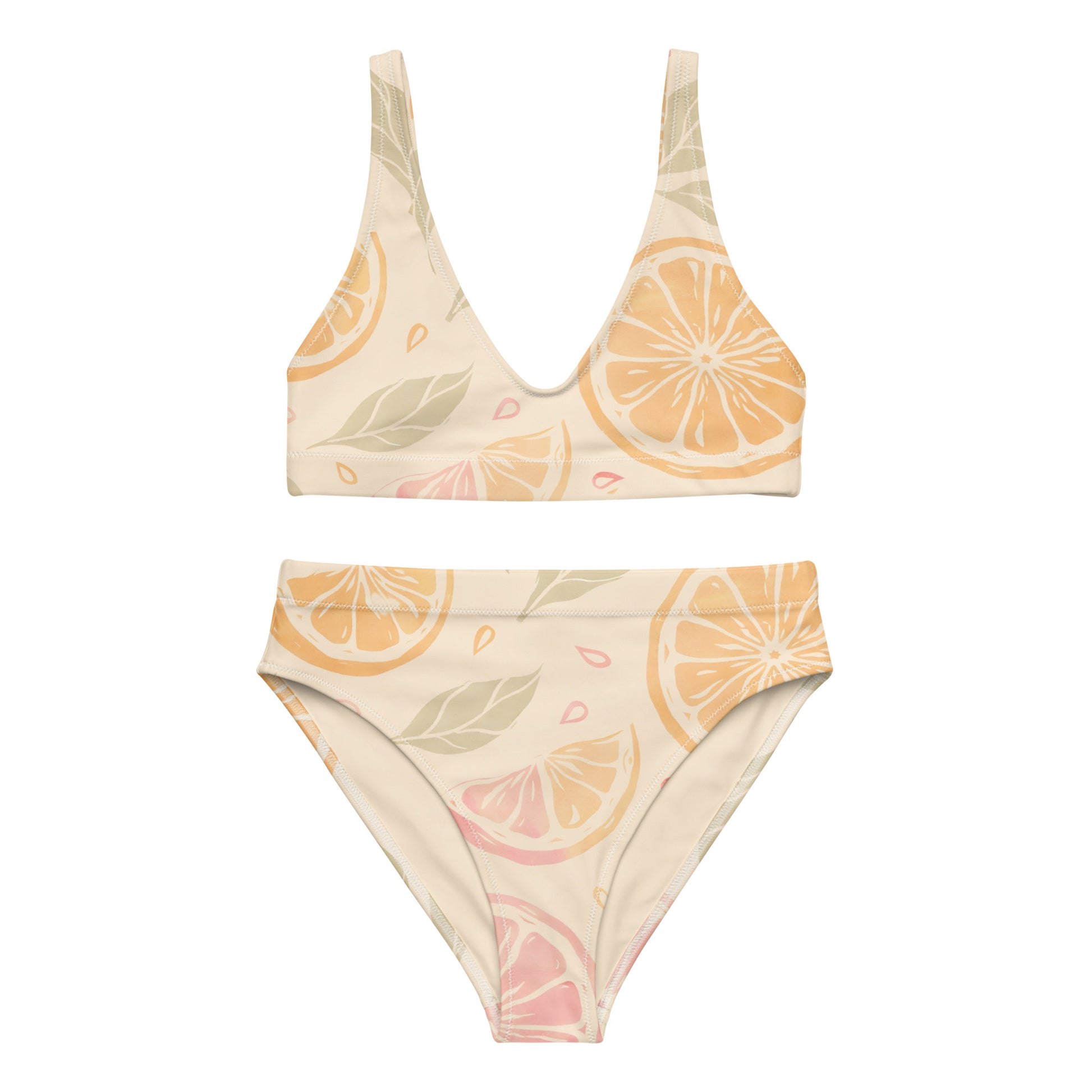 Citrus Glow recycled high waisted bikini set showing light citrus inspired pattern