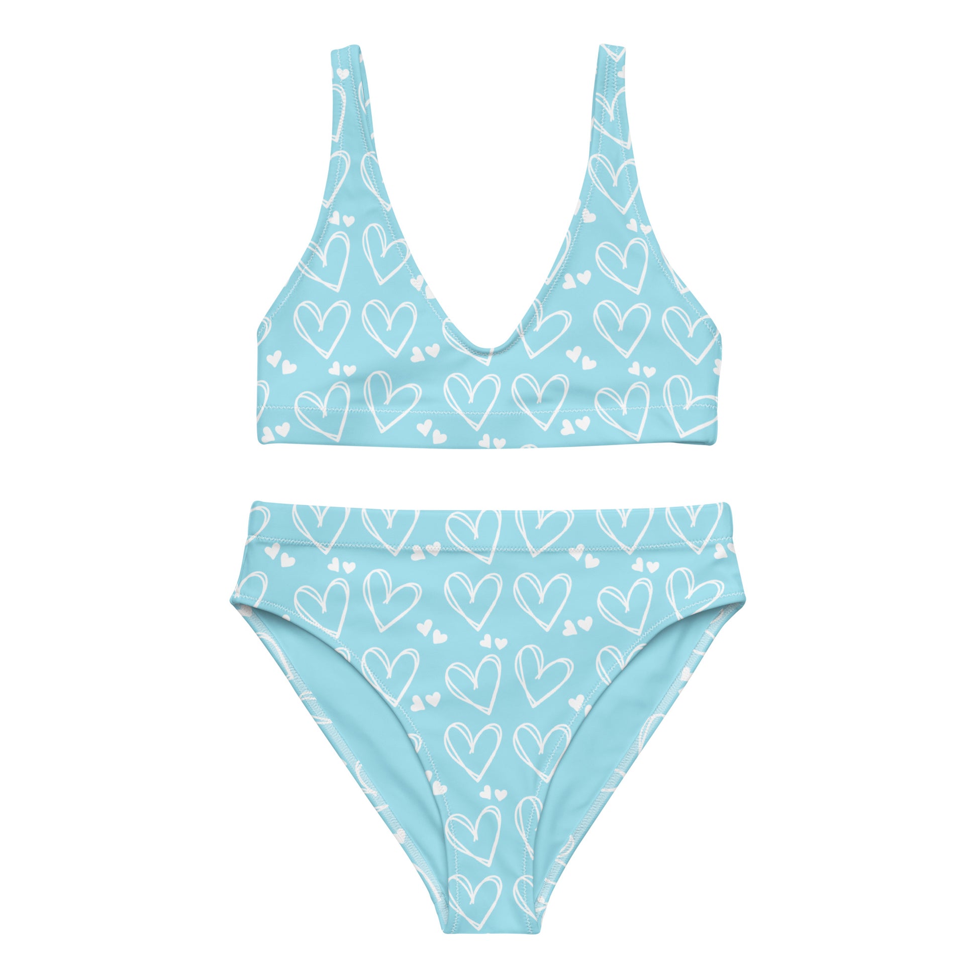 Sweetheart Skies recycled high waisted bikini set showing blue heart pattern design