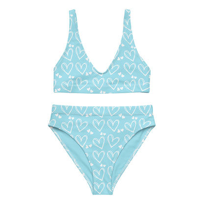 Sweetheart Skies recycled high waisted bikini set showing blue heart pattern design