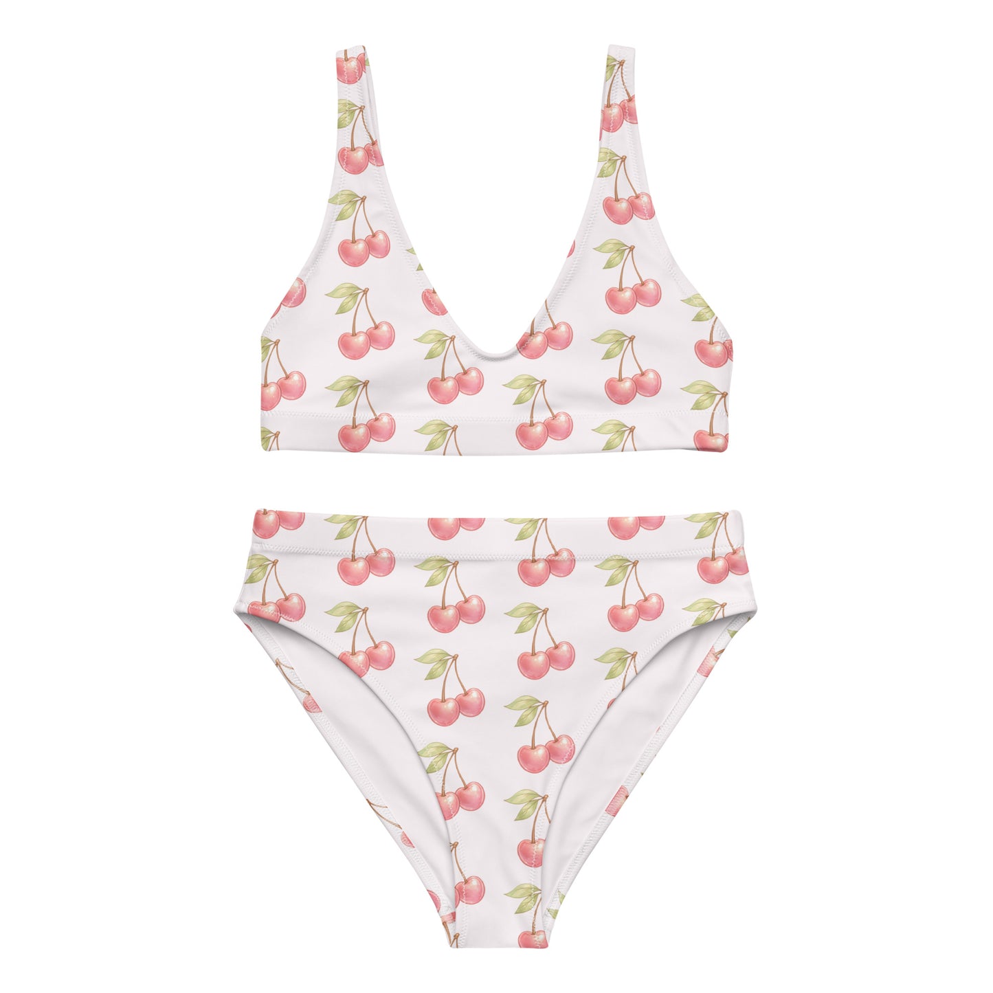Cherry Sweet recycled high waisted bikini showing cherry pattern design