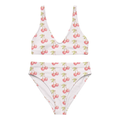 Cherry Sweet recycled high waisted bikini showing cherry pattern design