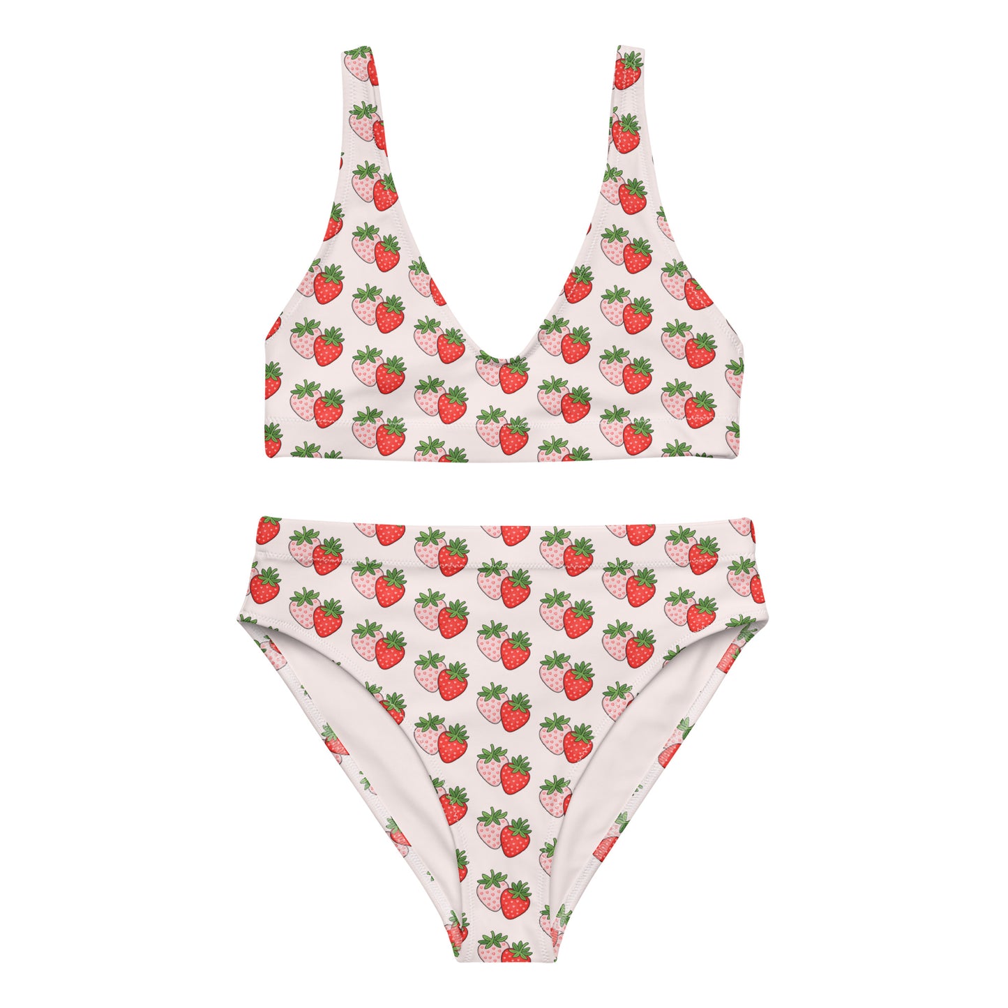 Berry Blush recycled high waisted bikini showing full strawberry print design
