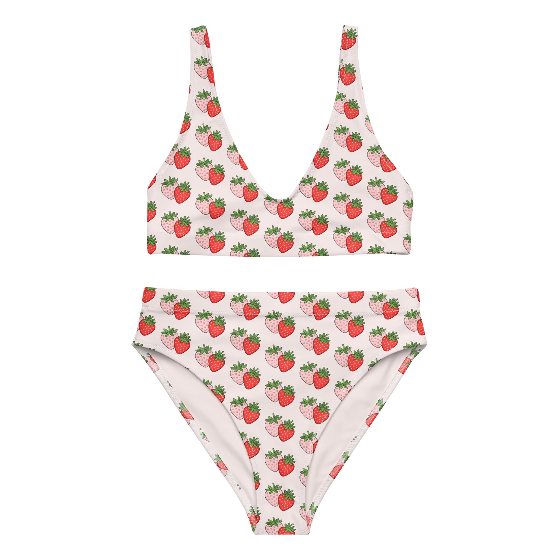 Berry Blush recycled high waisted bikini showing full strawberry print design