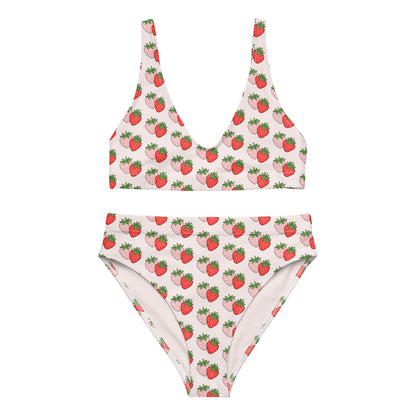 Berry Blush recycled high waisted bikini showing full strawberry print design