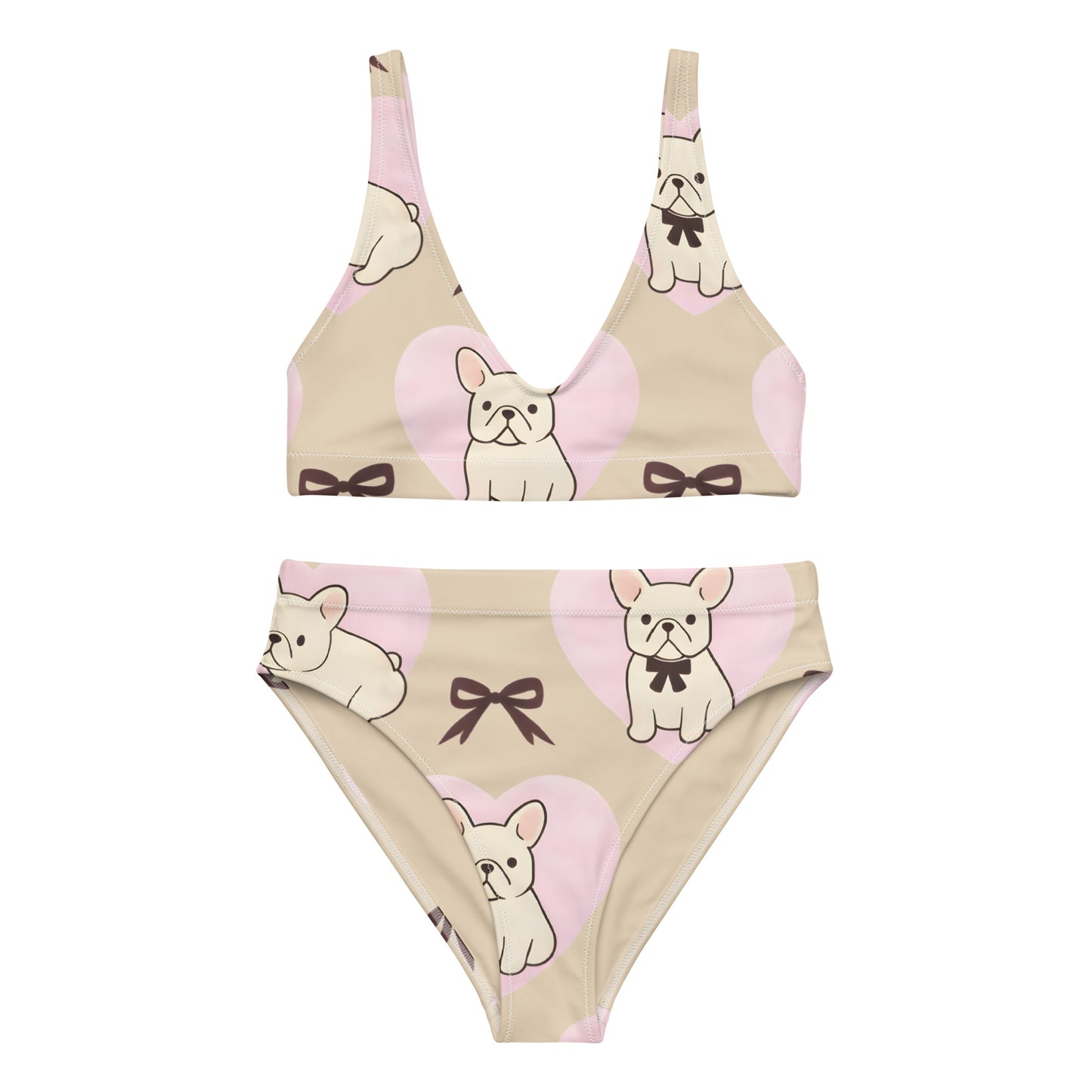 Frenchie Love recycled high waisted bikini showing full French bulldog pattern design