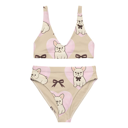 Frenchie Love recycled high waisted bikini showing full French bulldog pattern design