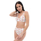 Model wearing Cherry Sweet recycled high waisted bikini with cherry print front view