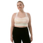 Model wearing Focused recycled longline sports bra in neutral tone front view