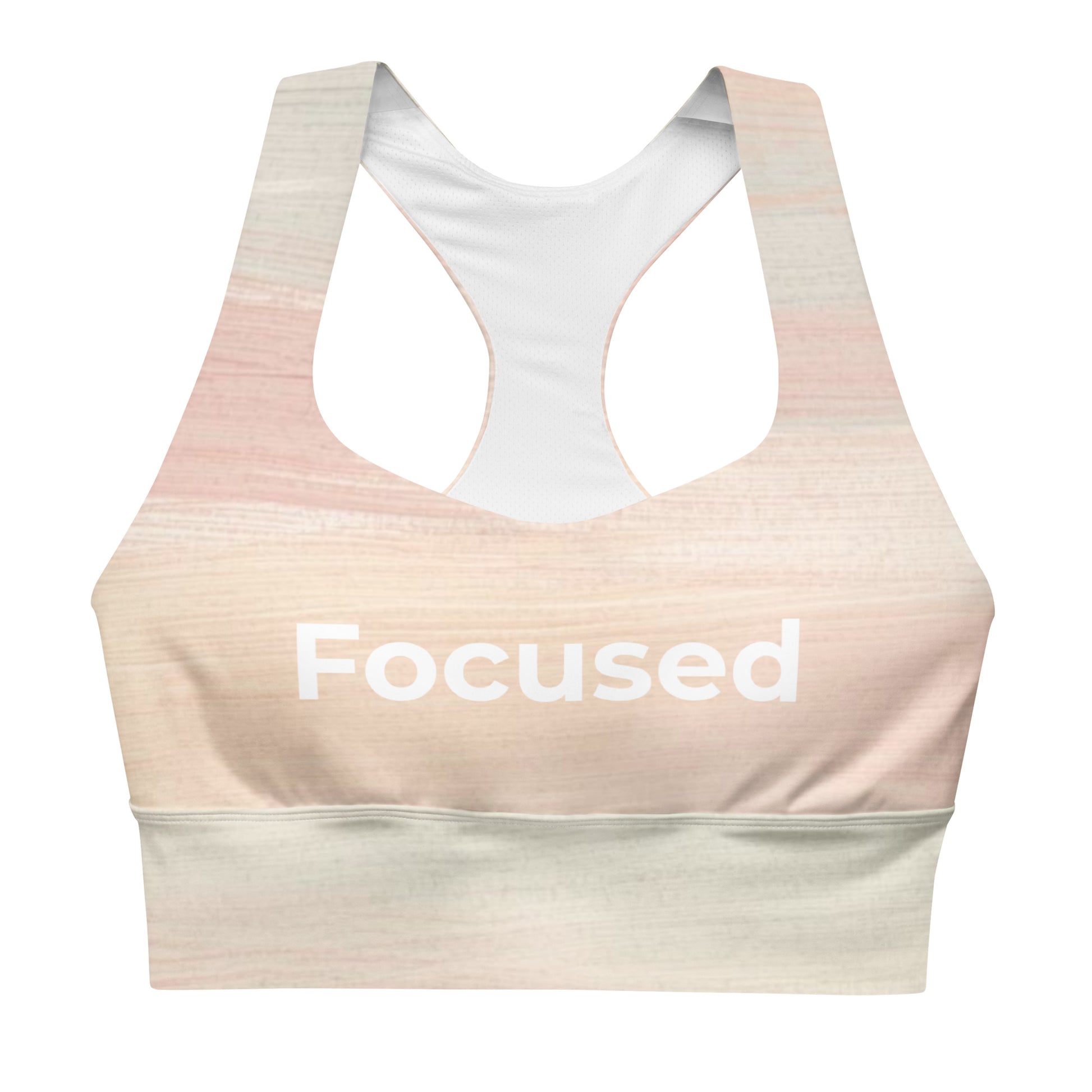 Focused recycled longline sports bra showing Focused text and wide support band