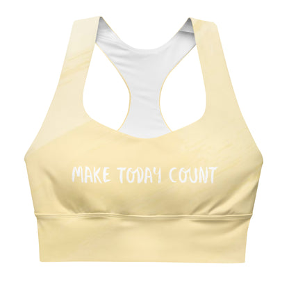 Make Today Count recycled longline sports bra showing slogan text and wide support band