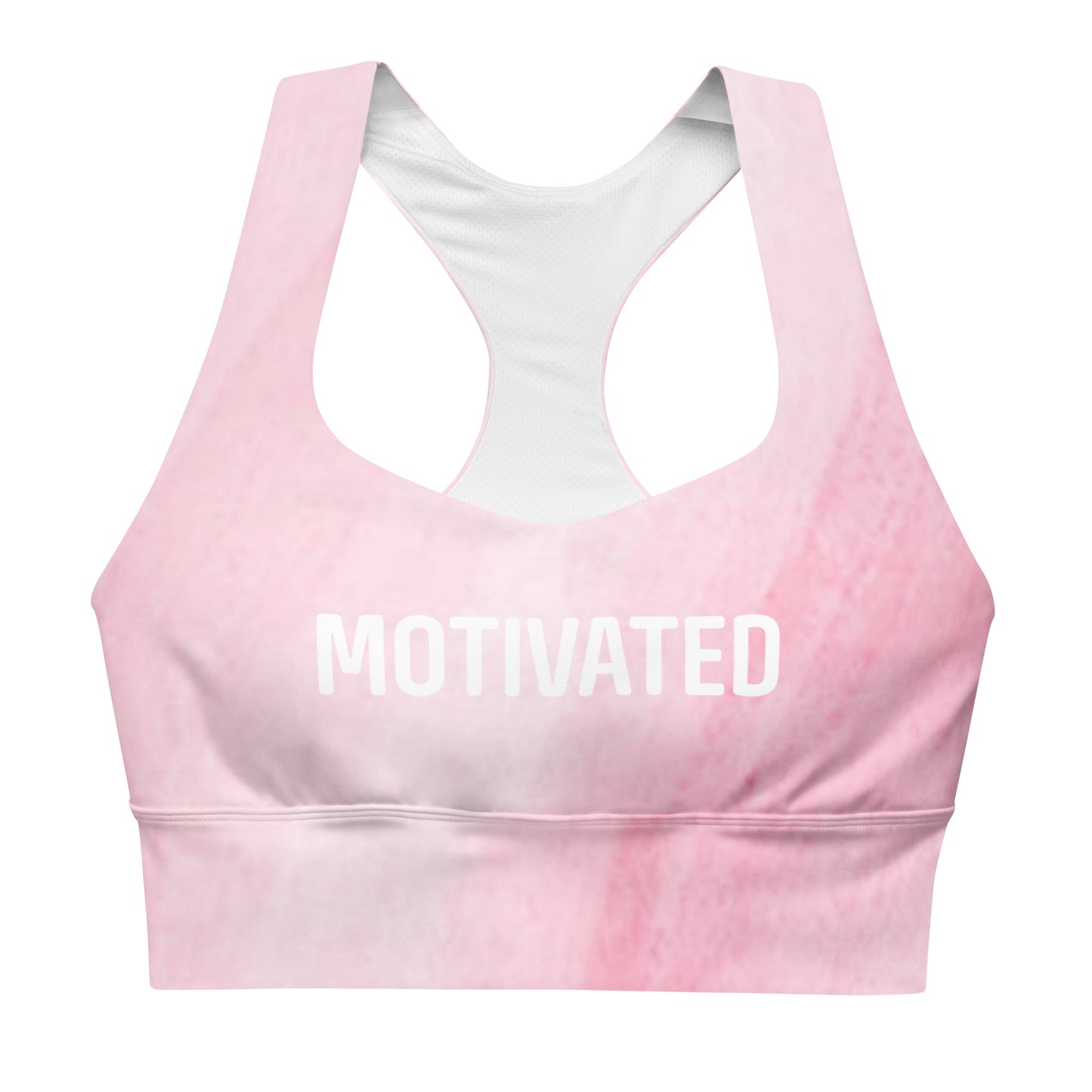 Motivated recycled longline sports bra showing slogan text and wide support band