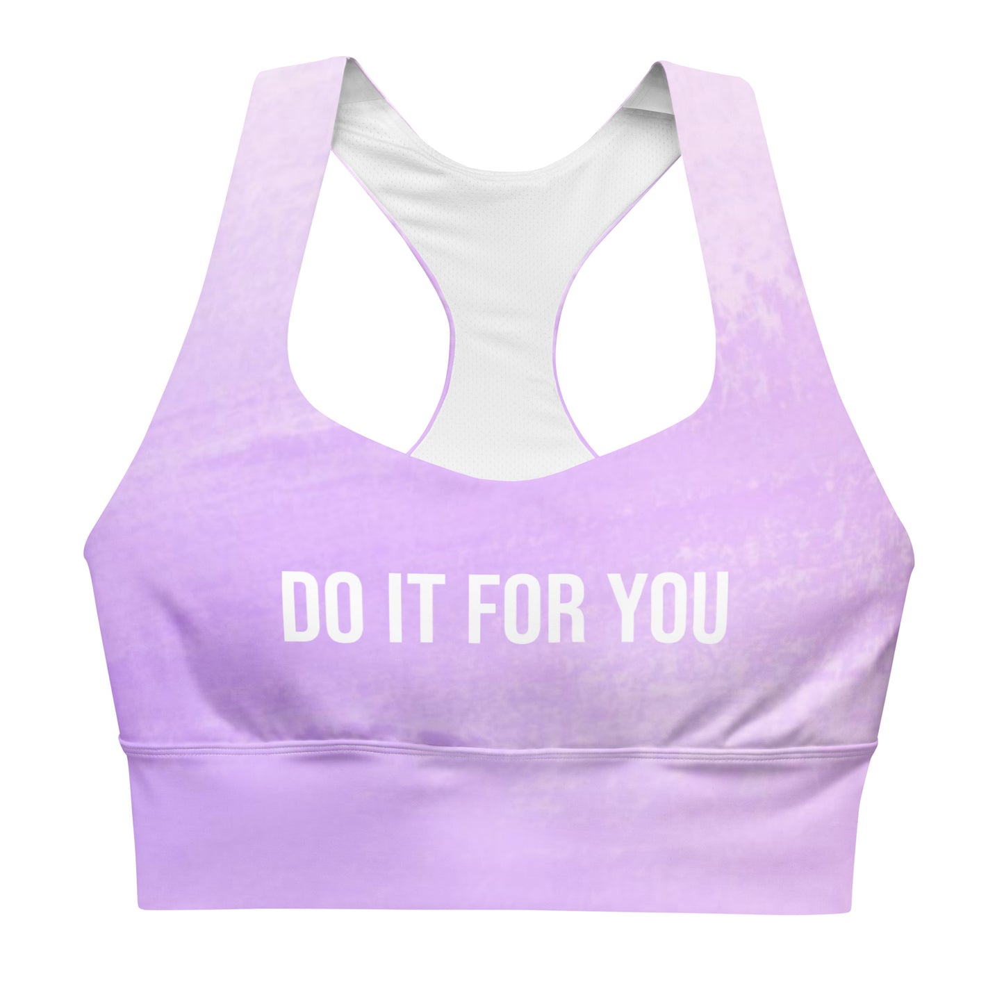 Do It For You recycled longline sports bra showing slogan text and wide support band