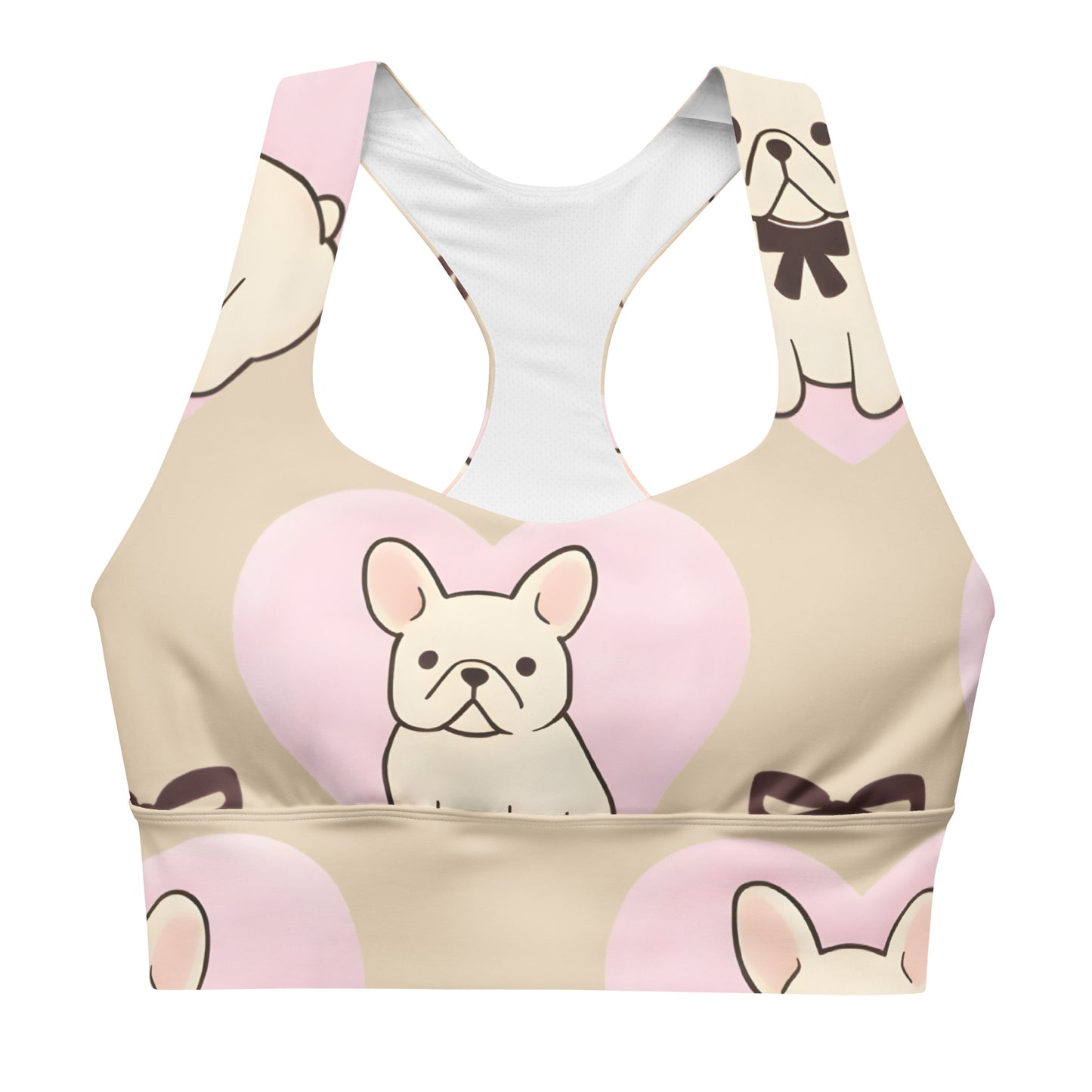 Frenchie Love recycled longline sports bra showing French bulldog and bow print design
